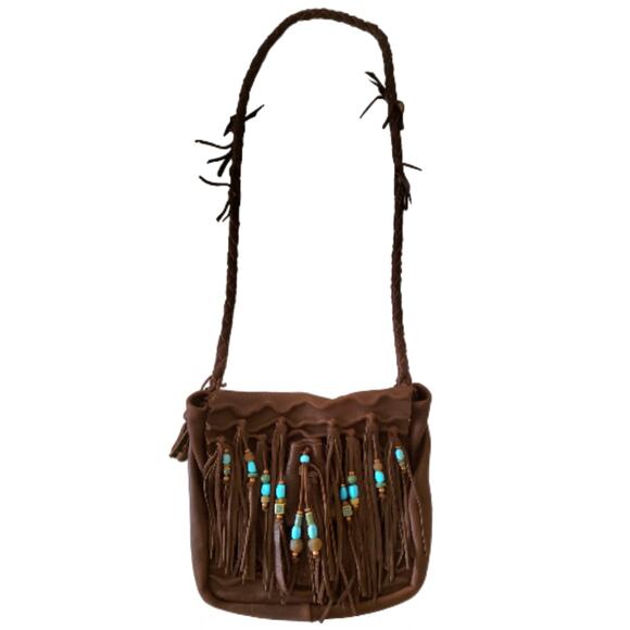 Soft Brown Leather Shoulder Bag Fringe Purse Boho Western Handbag Turquoise SW - Picture 2 of 13